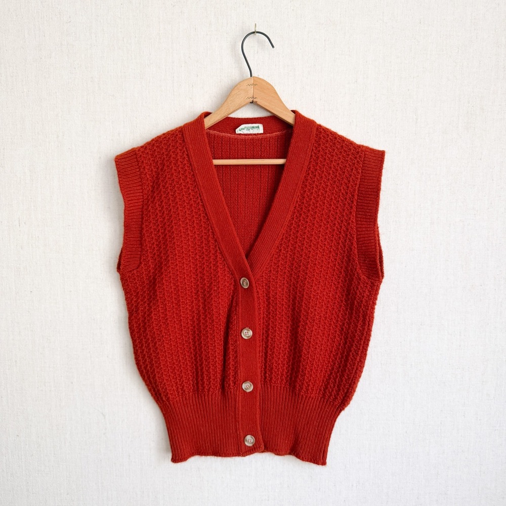 Sears‎ JR Bazaar Sweater Vest Vintage 70s Waffle Knit Orange V-Neck Cardigan S M